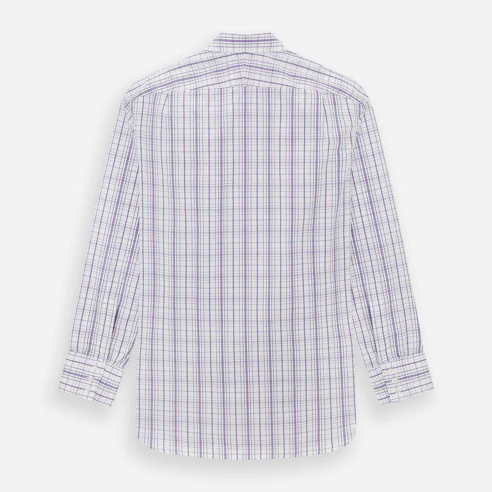 The Turnbull & Asser Purple Plaid Check Mayfair Shirt is a long-sleeve button-down with a pointed T&A collar, featuring a purple and blue plaid pattern on white.