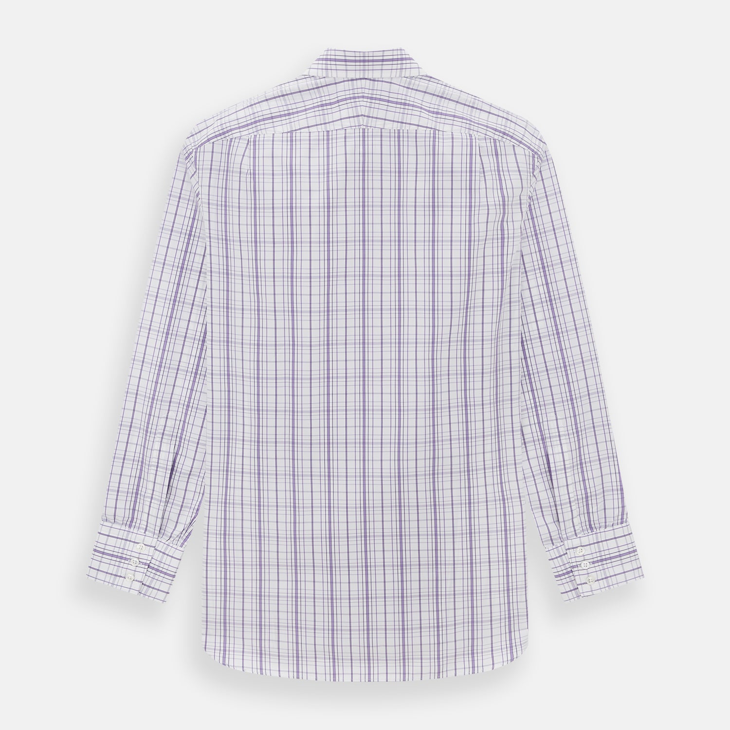 View 3 of product The Turnbull & Asser Purple Plaid Check Mayfair Shirt is a long-sleeve button-down with a pointed T&A collar, featuring a purple and blue plaid pattern on white.