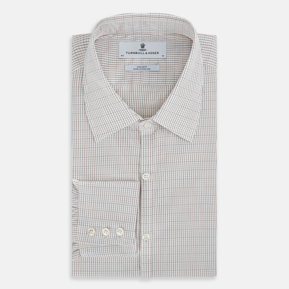 A long-sleeved, button-down BURGUNDY AND GREEN DOUBLE GRID CHECK WESTMINSTER SHIRT by Turnbull & Asser, featuring a classic collar and elegant check pattern—an outstanding piece of British craftsmanship.