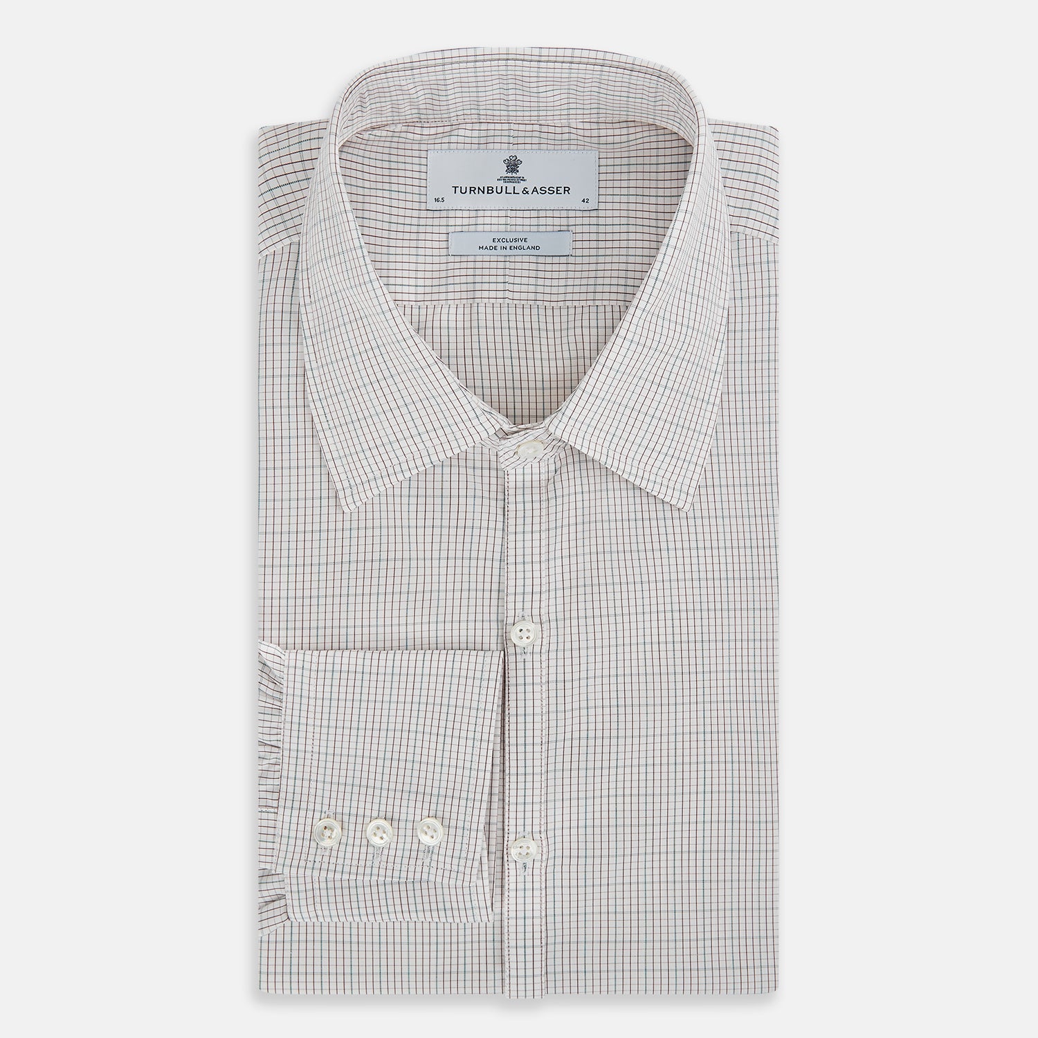 View 5 of product A long-sleeved, button-down BURGUNDY AND GREEN DOUBLE GRID CHECK WESTMINSTER SHIRT by Turnbull & Asser, featuring a classic collar and elegant check pattern—an outstanding piece of British craftsmanship.