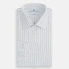 View 5 of product The Turnbull & Asser Pink and Green Wide Pinstripe Mayfair Shirt is a long-sleeve, button-up shirt made from organic cotton, shown laid flat on a white background.