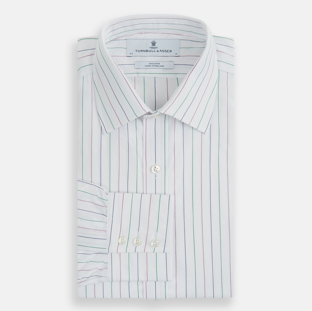 The Turnbull & Asser Pink and Green Wide Pinstripe Mayfair Shirt is a long-sleeve, button-up shirt made from organic cotton, shown laid flat on a white background.