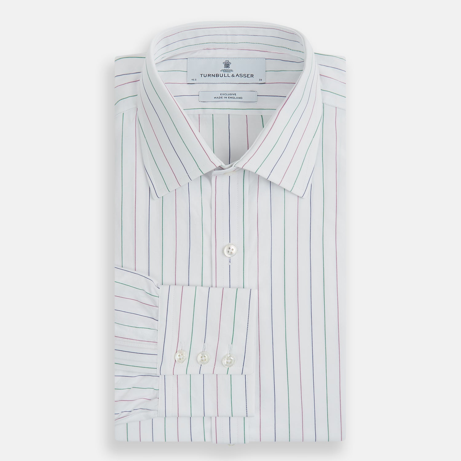 View 5 of product The Turnbull & Asser Pink and Green Wide Pinstripe Mayfair Shirt is a long-sleeve, button-up shirt made from organic cotton, shown laid flat on a white background.