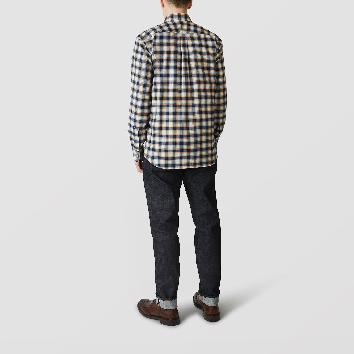 View 3 of product The Turnbull & Asser Blue Multi Check Weekend Fit Shirt features a Derby collar and 1-button cuffs, perfect for winter layering, shown here on a plain white background.