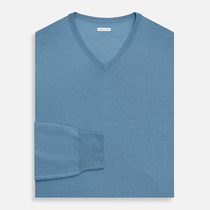 Pale Blue Fine Merino V-Neck Jumper Image 3