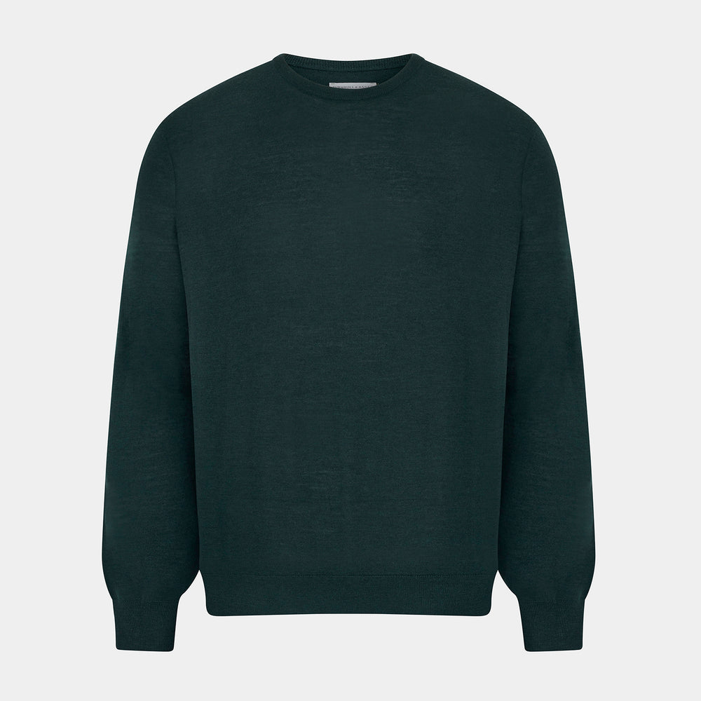 The Turnbull & Asser Forest Green Fine Merino Round Neck Jumper for men is shown on a light gray background. This knitwear features a classic design with ribbed cuffs, hem, and neckline.