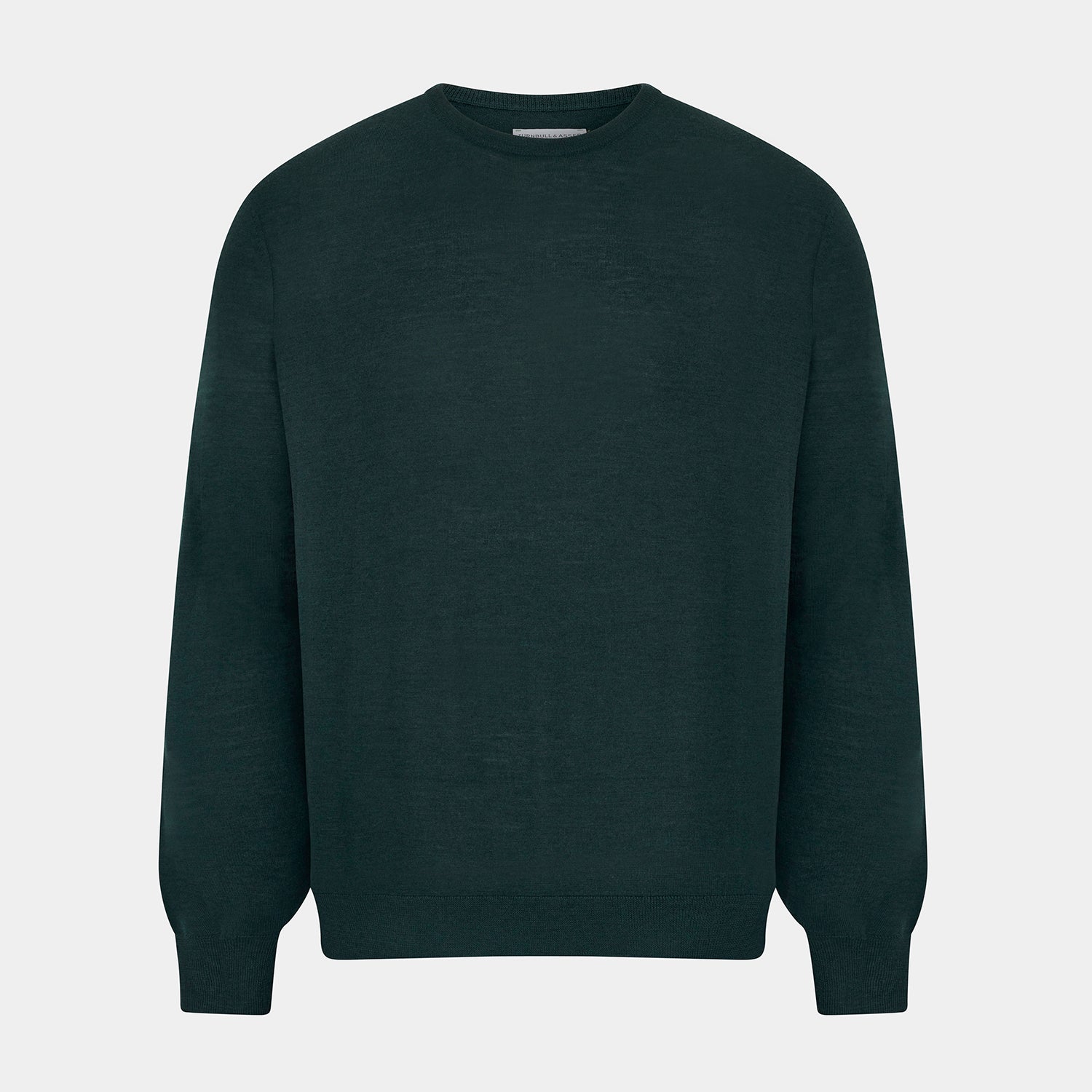 View 1 of product The Turnbull & Asser Forest Green Fine Merino Round Neck Jumper for men is shown on a light gray background. This knitwear features a classic design with ribbed cuffs, hem, and neckline.