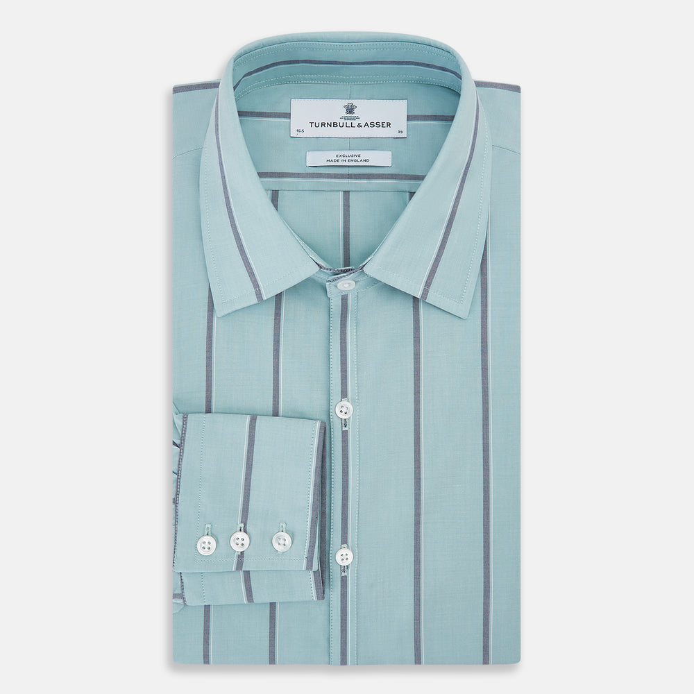 The Light Sage Track Stripe Westminster Shirt by Turnbull & Asser features a Turnbull collar, long sleeves, and vertical track stripes, shown on a white background.
