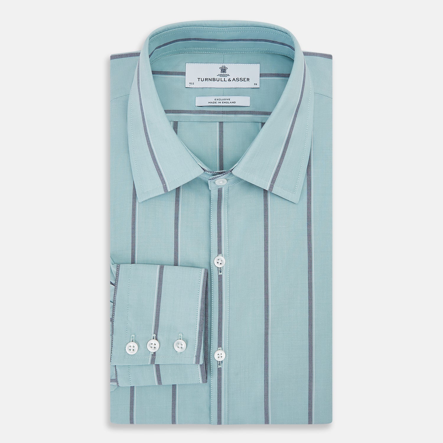 View 5 of product The Light Sage Track Stripe Westminster Shirt by Turnbull & Asser features a Turnbull collar, long sleeves, and vertical track stripes, shown on a white background.