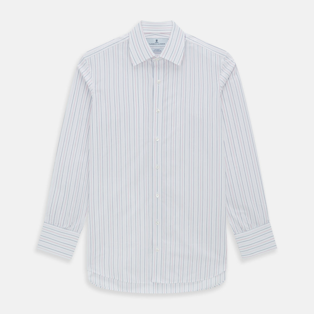 The Turnbull & Asser Pink and Blue Wide Pinstripe Mayfair Shirt features long sleeves, T&A collar, button-down front, and buttoned cuffs. It has bold pink and blue pinstripes on white and is laid flat on a white surface.