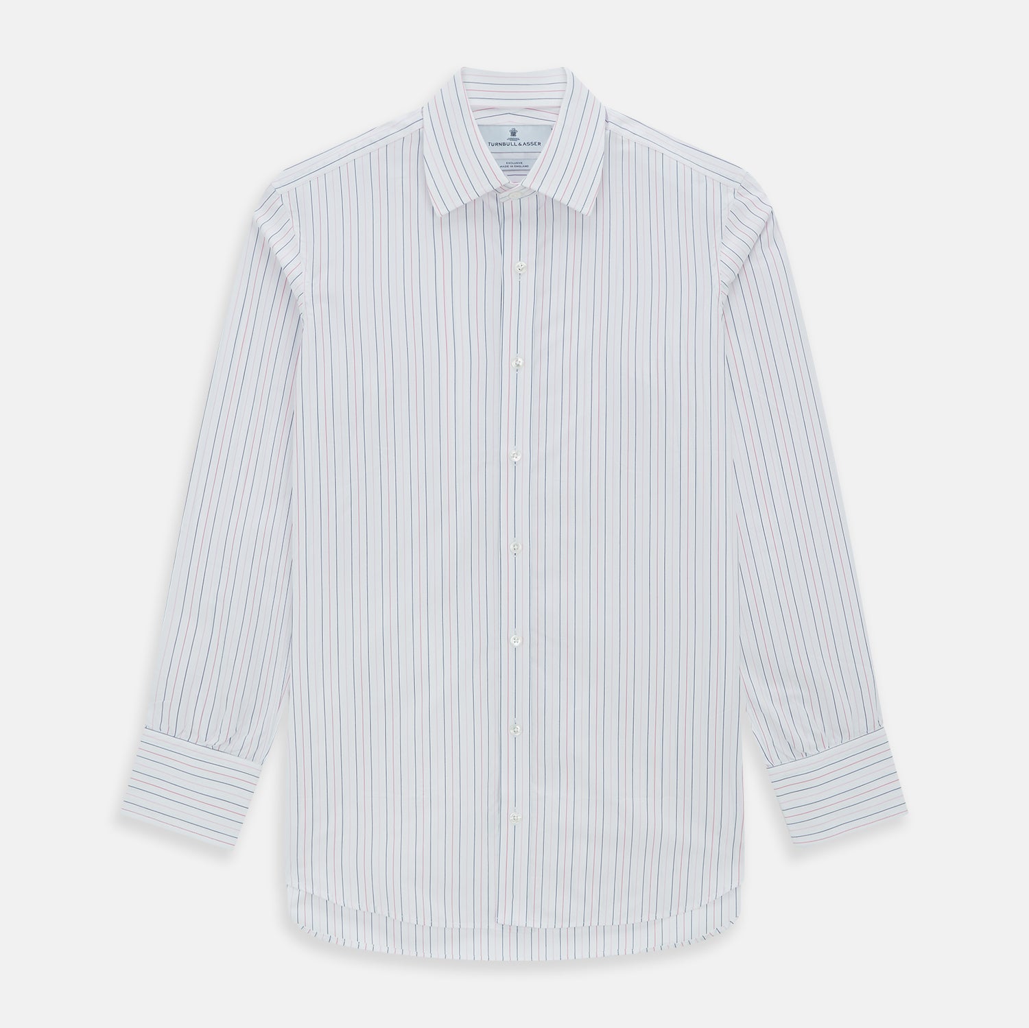 View 8 of product The Turnbull & Asser Pink and Blue Wide Pinstripe Mayfair Shirt features long sleeves, T&A collar, button-down front, and buttoned cuffs. It has bold pink and blue pinstripes on white and is laid flat on a white surface.