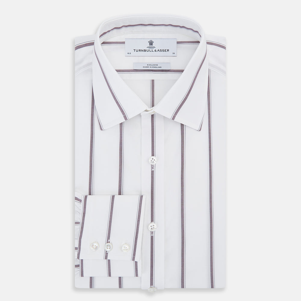 A Burgundy Track Stripe Mayfair Shirt by Turnbull & Asser, featuring long sleeves, vertical stripes, a classic collar, and crafted from premium Italian cotton, is displayed flat on a light background.