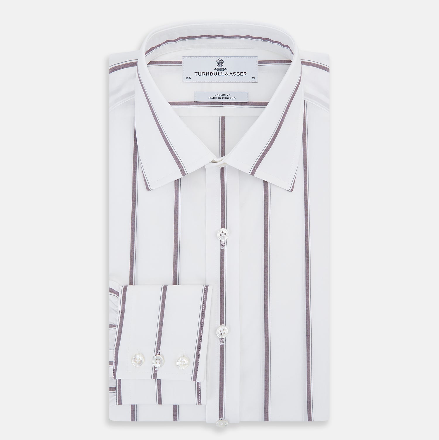 View 5 of product A Burgundy Track Stripe Mayfair Shirt by Turnbull & Asser, featuring long sleeves, vertical stripes, a classic collar, and crafted from premium Italian cotton, is displayed flat on a light background.