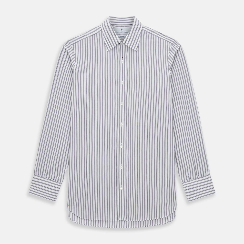 The Purple Multi Stripe Mayfair Shirt from Turnbull & Asser is a pure cotton, collared long-sleeve shirt with white and gray vertical stripes and buttoned cuffs, displayed flat on a white background.