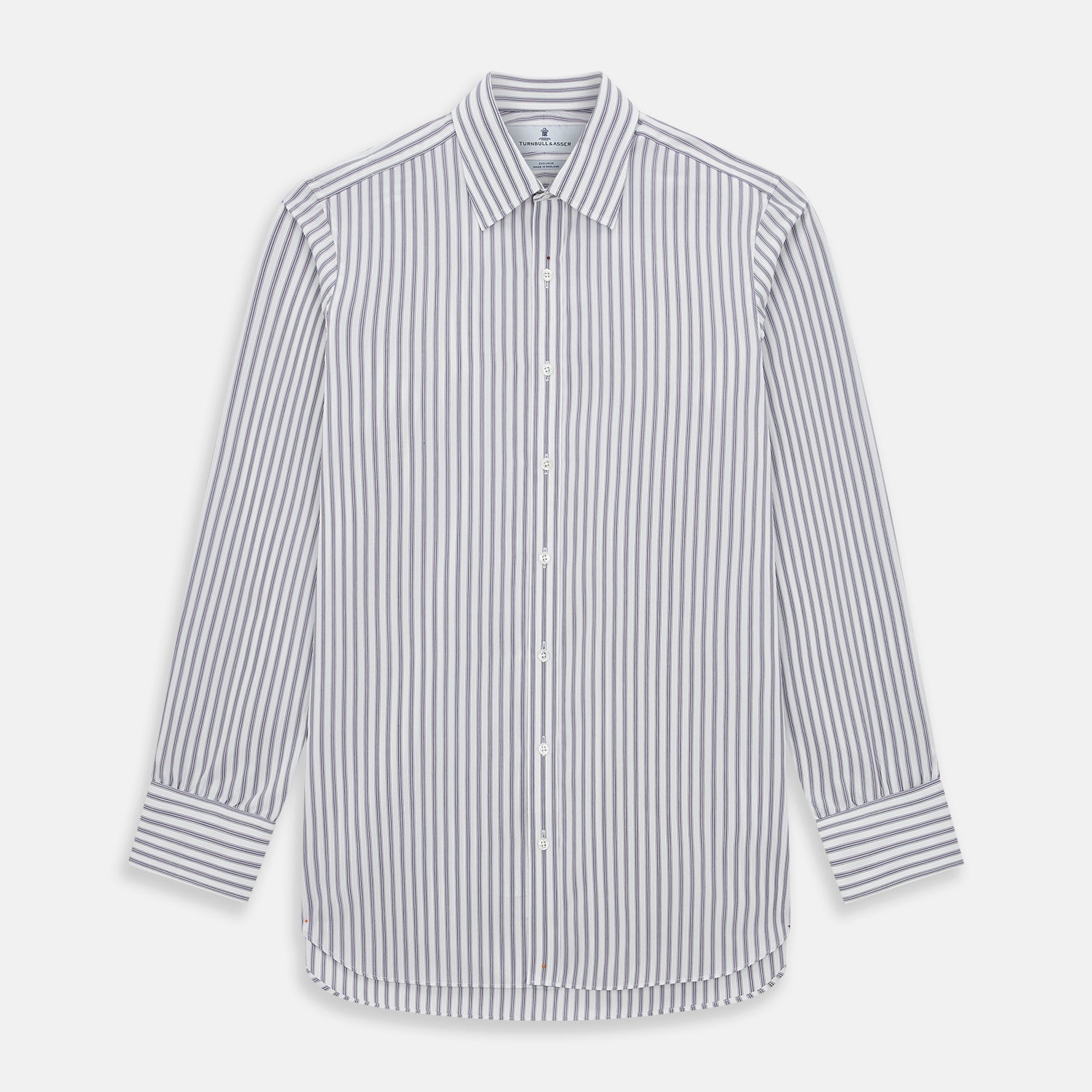 View 1 of product The Purple Multi Stripe Mayfair Shirt from Turnbull & Asser is a pure cotton, collared long-sleeve shirt with white and gray vertical stripes and buttoned cuffs, displayed flat on a white background.