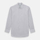 The Purple Multi Stripe Mayfair Shirt from Turnbull & Asser is a pure cotton, collared long-sleeve shirt with white and gray vertical stripes and buttoned cuffs, displayed flat on a white background.