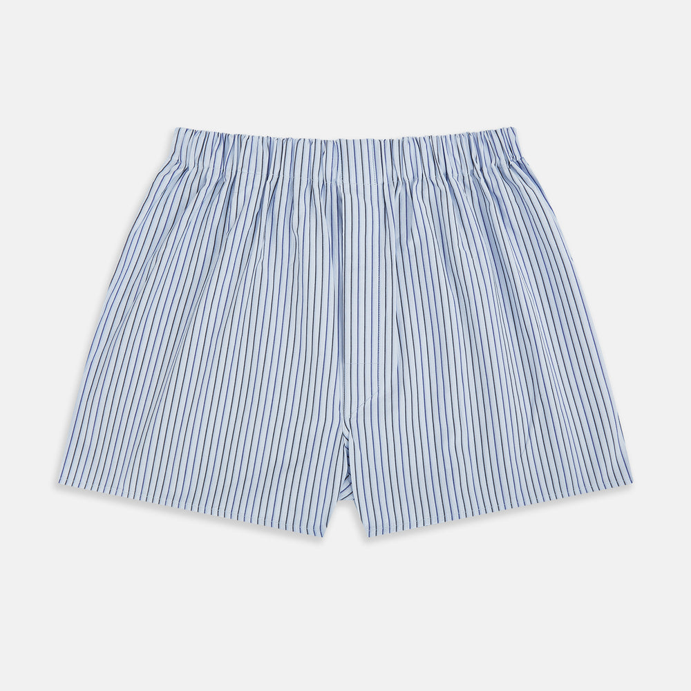 Turnbull & Asser Blue Multi Stripe Godfrey Boxer Shorts: premium Italian cotton men’s underwear with an elastic waistband and relaxed fit, shown on a white background.