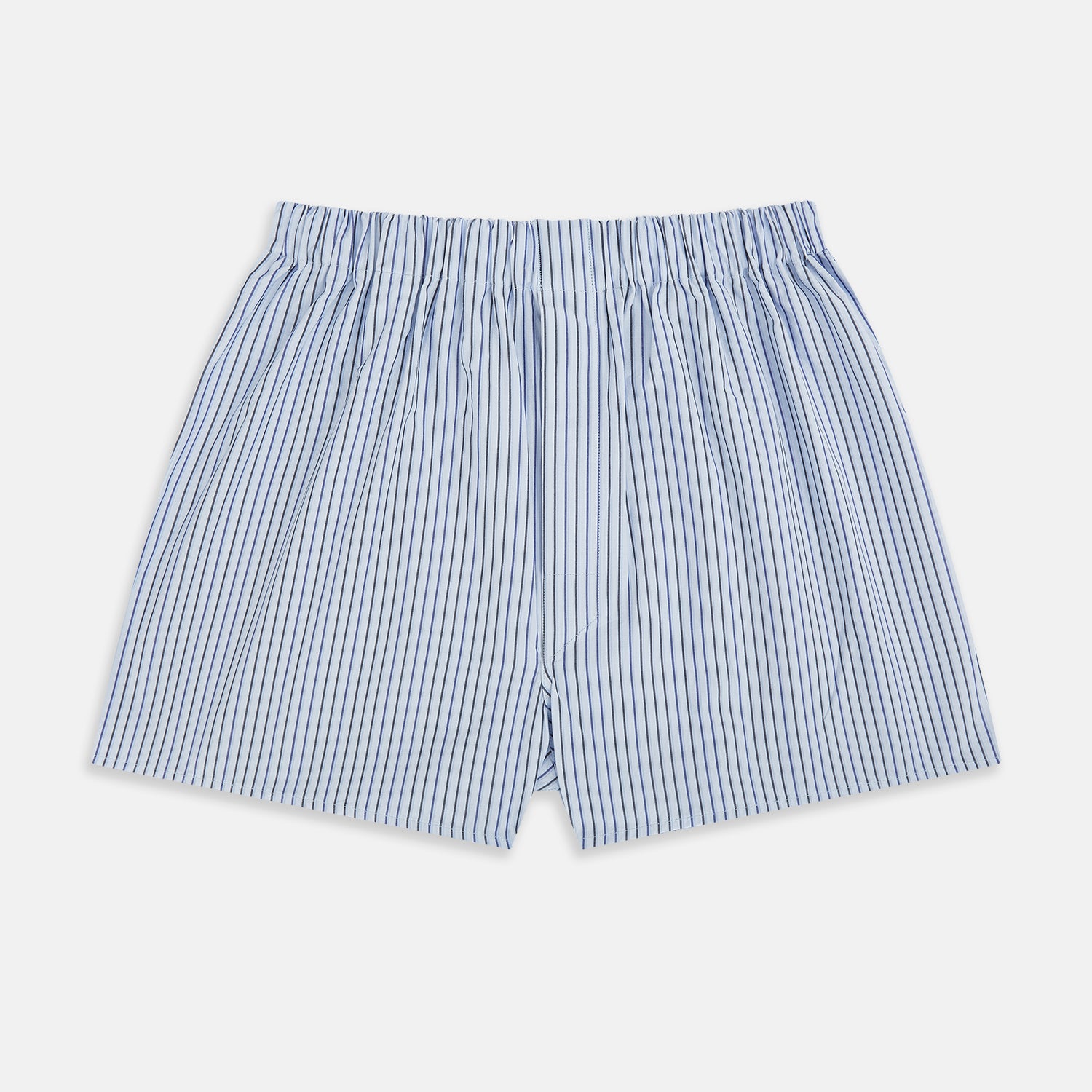 View 1 of product Turnbull & Asser Blue Multi Stripe Godfrey Boxer Shorts: premium Italian cotton men’s underwear with an elastic waistband and relaxed fit, shown on a white background.