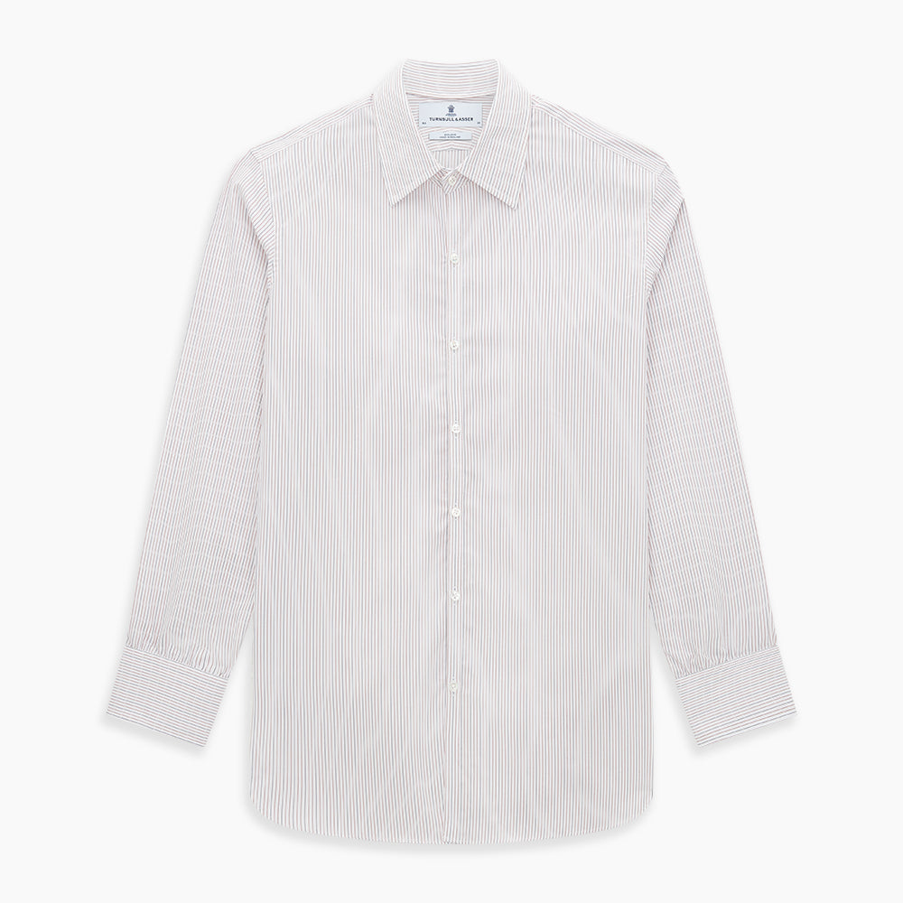 The Turnbull & Asser Red and Blue Ticking Stripe Westminster Shirt features long sleeves, a button-up front, pointed collar, and buttoned cuffs, highlighting British craftsmanship while laid flat on a white background.