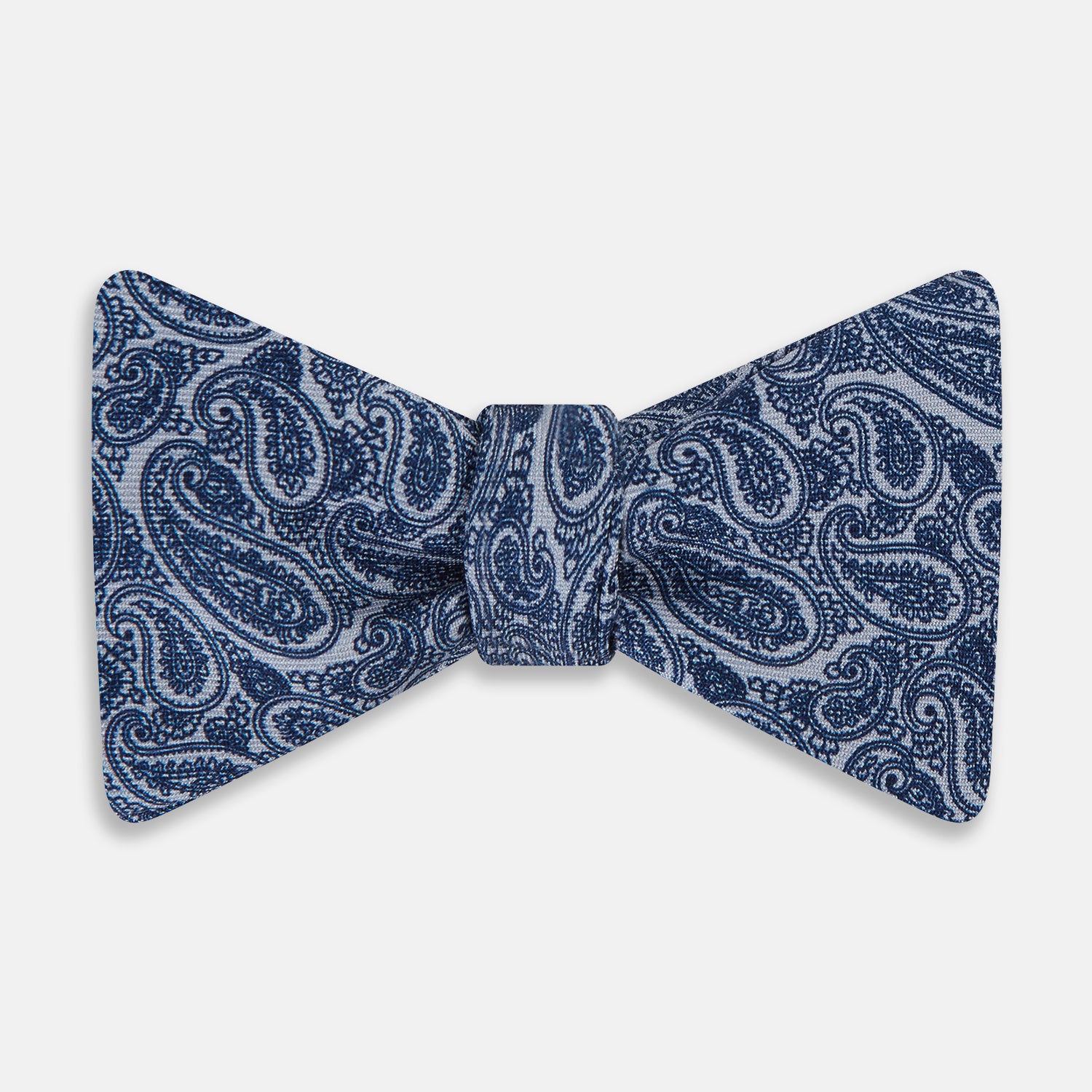 View 1 of product The Turnbull & Asser Pale Blue Paisley Silk Bow Tie, an elegant men's accessory, is showcased against a plain white background.