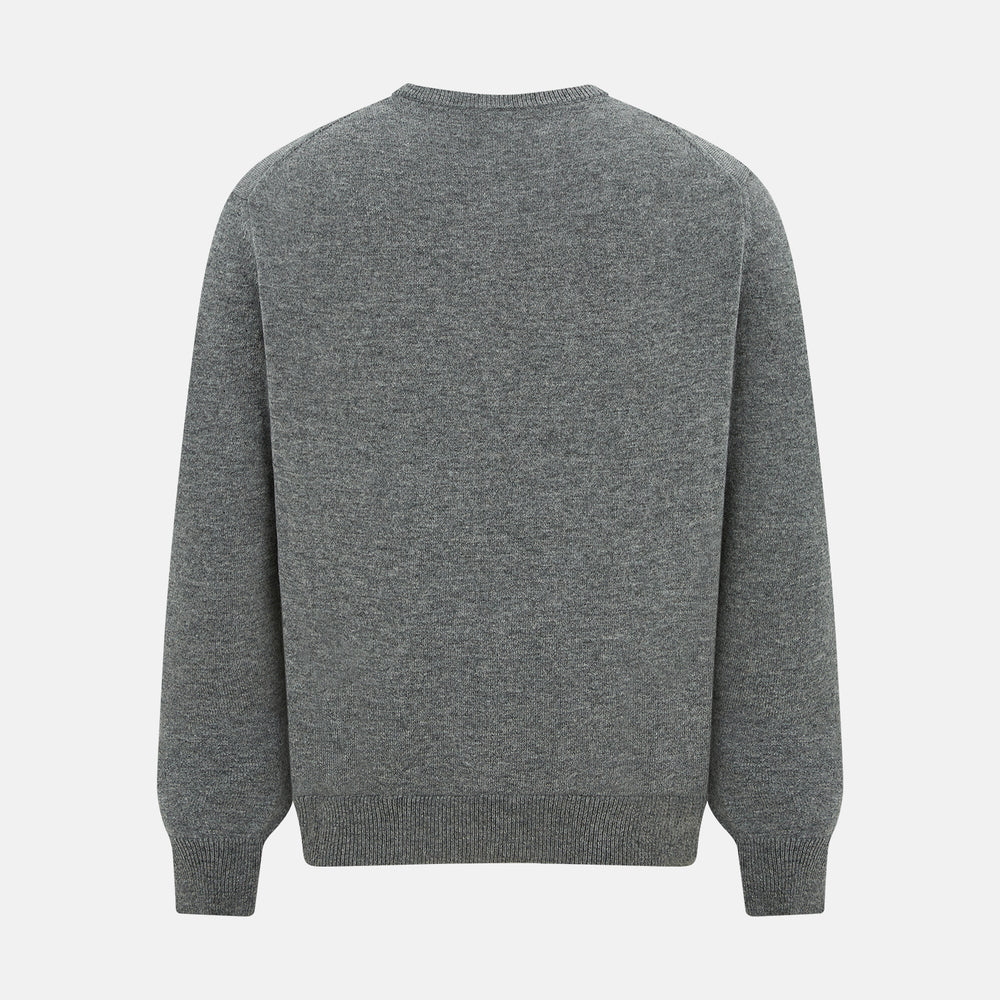 The Turnbull & Asser Grey Melange Cashmere Round Neck Jumper for men features a classic crewneck design with ribbed cuffs, hem, and neckline, displayed against a white background.