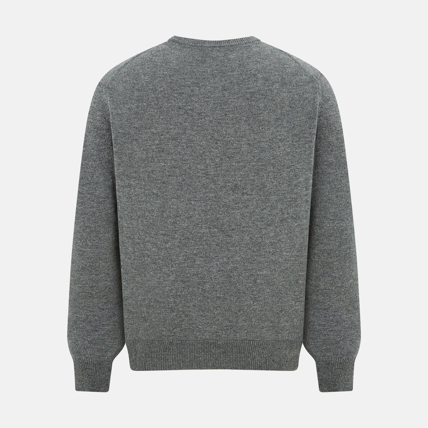 View 3 of product The Turnbull & Asser Grey Melange Cashmere Round Neck Jumper for men features a classic crewneck design with ribbed cuffs, hem, and neckline, displayed against a white background.