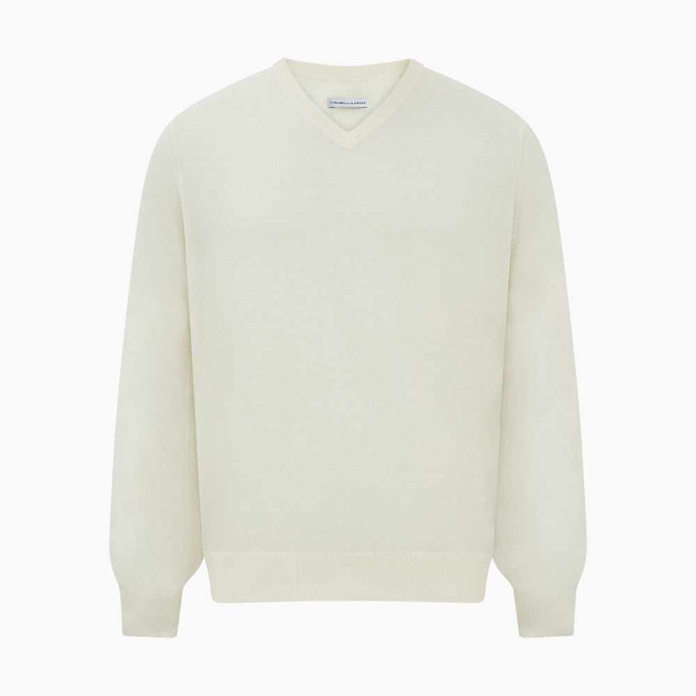 The Turnbull & Asser Cream Fine Merino V-Neck Jumper features long sleeves and classic styling, displayed against a white background.