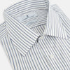 View 2 of product The Turnbull & Asser Brown and Blue Shadow Stripe Mayfair Shirt, featuring long sleeves, a pointed collar, and buttoned cuffs, is crafted from Italian fabric with vertical stripes and shown laid flat on a white background.
