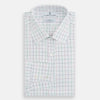 View 4 of product The Turnbull & Asser Pink Grid Check Mayfair Shirt is a long-sleeve, button-down shirt with a T&A collar, crafted from organic cotton and featuring a pink checkered grid pattern on white with buttoned cuffs.