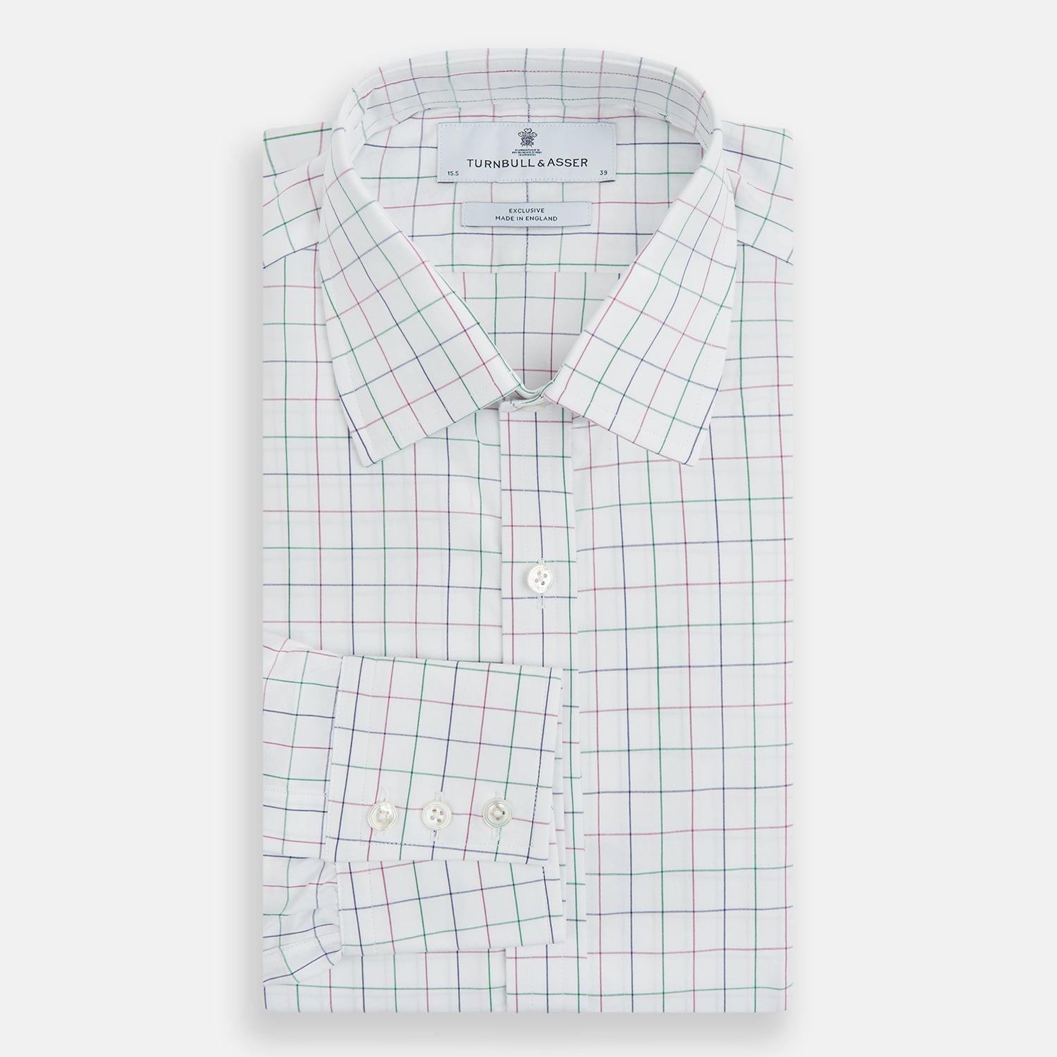 View 4 of product The Turnbull & Asser Pink Grid Check Mayfair Shirt is a long-sleeve, button-down shirt with a T&A collar, crafted from organic cotton and featuring a pink checkered grid pattern on white with buttoned cuffs.
