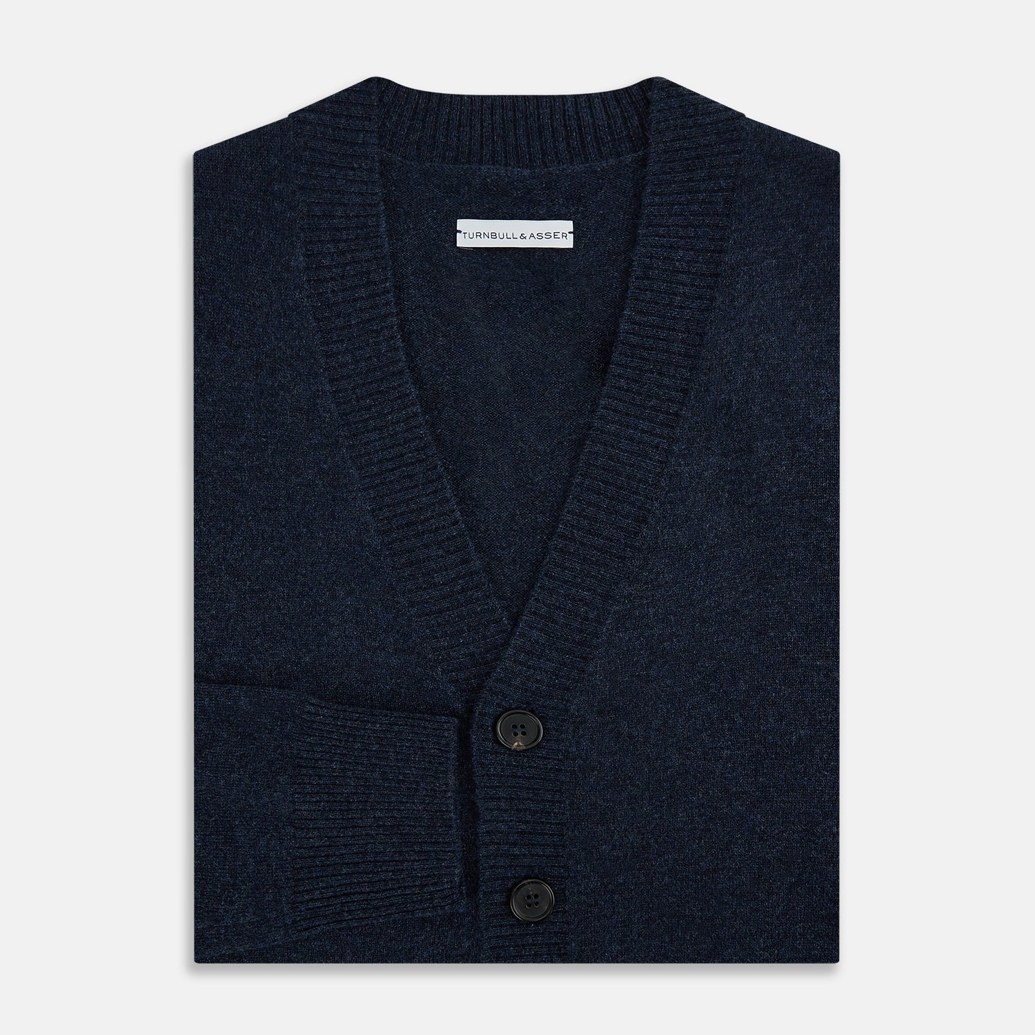 View 4 of product The Navy Melange Cashmere Cardigan by Turnbull & Asser features long sleeves, a V-neck, five dark buttons, ribbed cuffs and hem, and two front pockets. Shown against a plain white background.