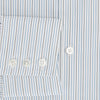 View 4 of product The Navy and Brown Pinstripe Mayfair Shirt by Turnbull & Asser, crafted from Italian cotton with long sleeves, a collar, and buttoned cuffs, is displayed on a plain white background.