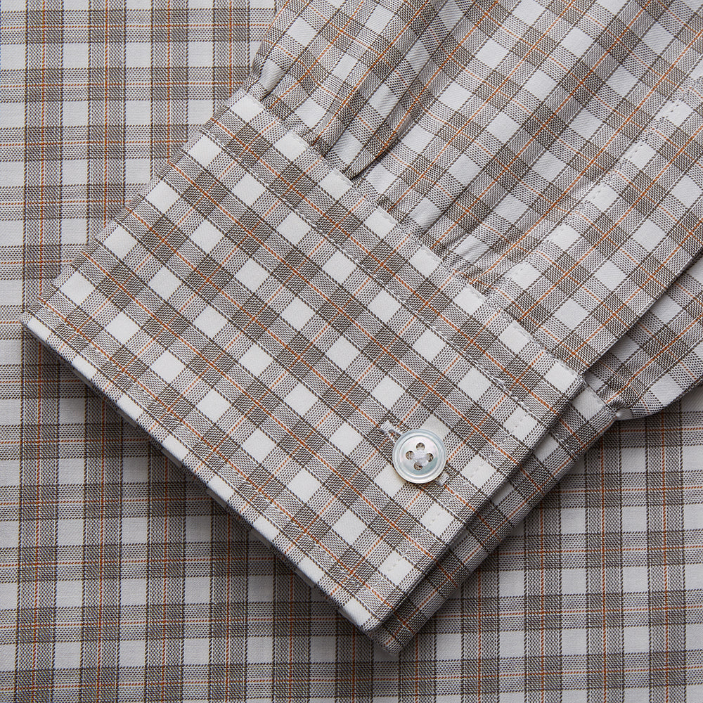 A grey and peach multi-check long-sleeve Cashmerello Finch Shirt by Turnbull & Asser, featuring a classic collar and white buttons, displayed on a white background. This stylish Weekend Fit shirt offers a refined look for summer.
