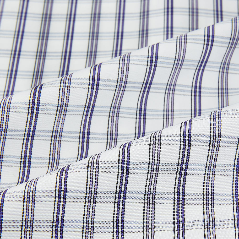 The Turnbull & Asser Purple Multi Check Mayfair Shirt is a long-sleeved, button-up cotton shirt with a collar and purple check pattern, perfect for formal wear and shown against a plain white background.