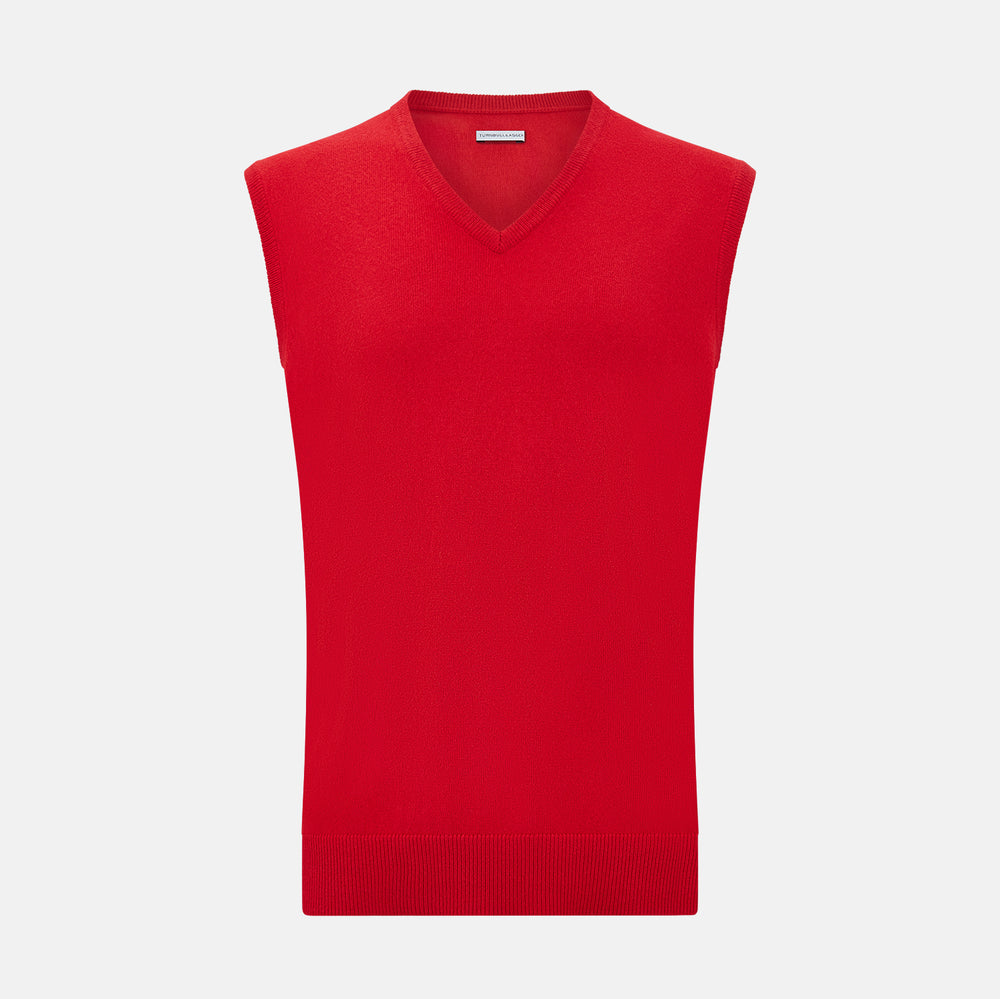 The Turnbull & Asser Red Cashmere V-Neck Vest features a sleeveless knit design and classic collar, shown against a white background—ideal for elevating any refined look.