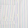View 4 of product The Turnbull & Asser Rainbow Double Pinstripe Mayfair Shirt is a pure cotton, long-sleeved button-up with a collar and buttoned cuffs, featuring colourful blue, red, and yellow stripes on white, displayed on a plain white background.