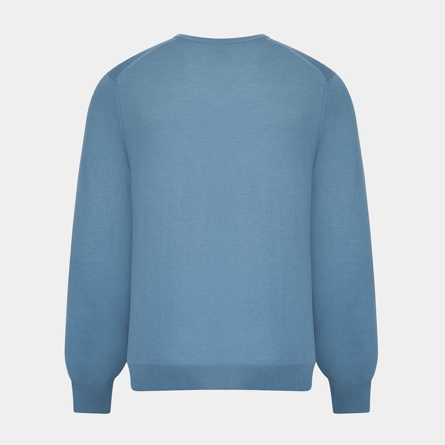 View 3 of product The Turnbull & Asser Pale Blue Fine Merino V-Neck Jumper features long sleeves, ribbed cuffs, and a straight hem. Shown against a white background, this classic knitwear combines comfort and style.
