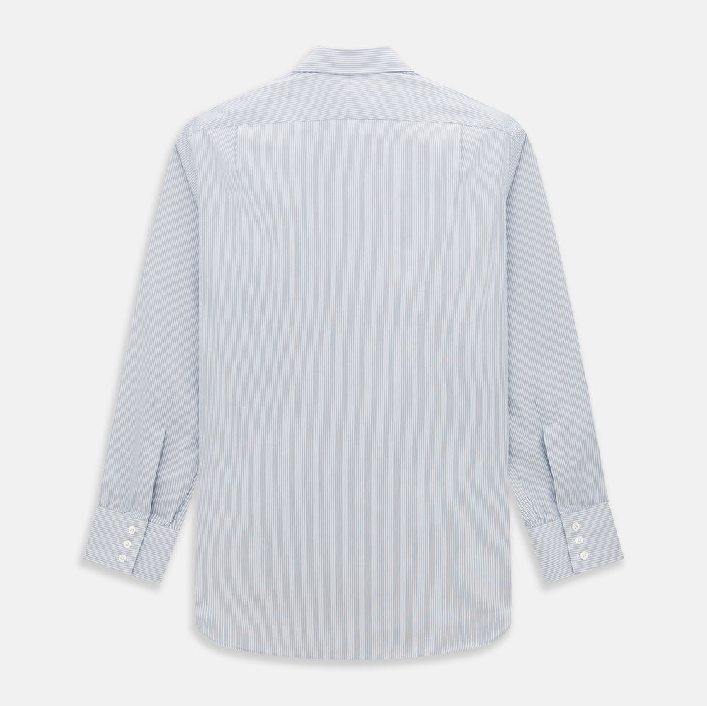 The Blue and Brown Ticking Stripe Mayfair Shirt by Turnbull & Asser, crafted from premium Italian cotton with a collar, white buttons, and buttoned cuffs, is an essential addition to any gentleman's wardrobe.