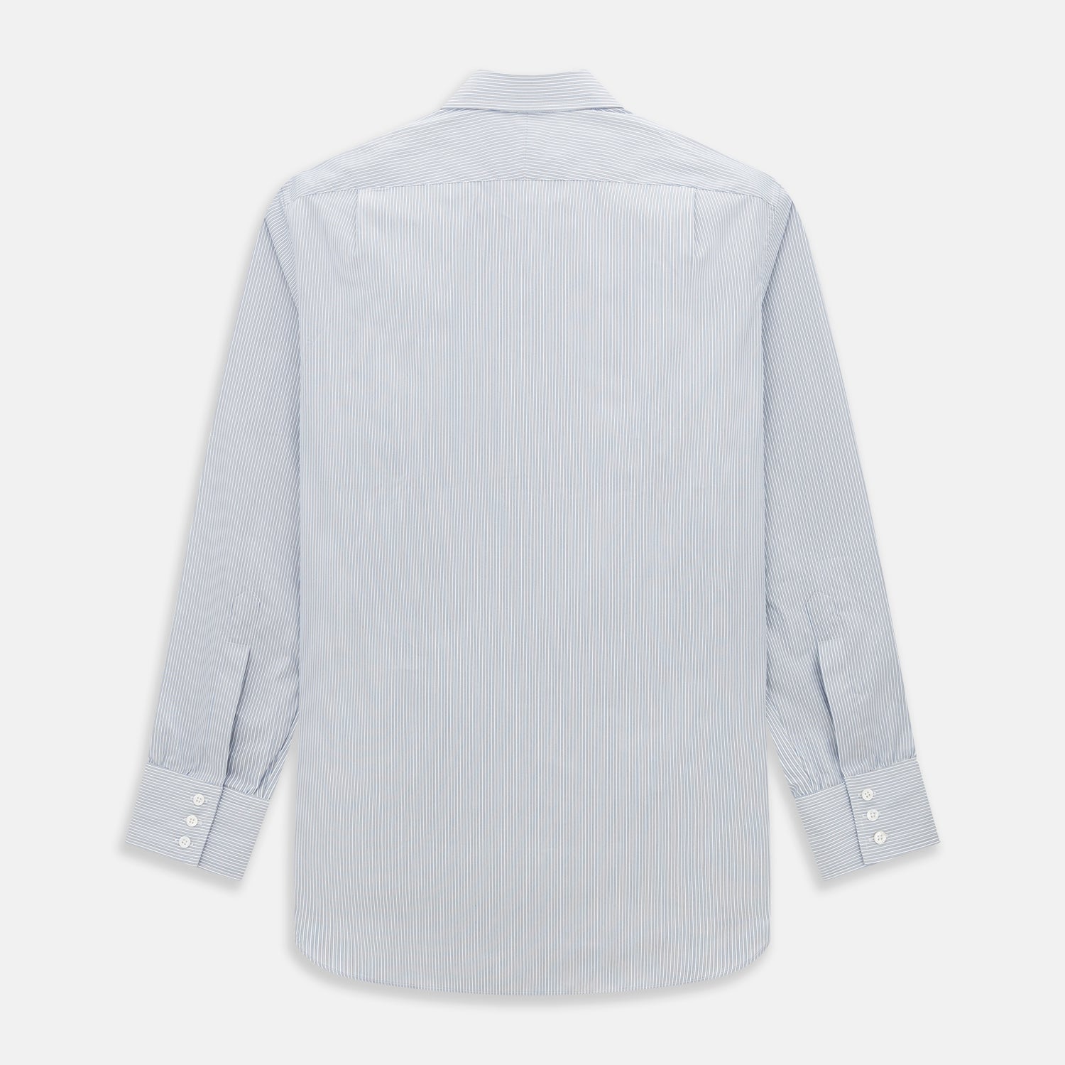 View 3 of product The Blue and Brown Ticking Stripe Mayfair Shirt by Turnbull & Asser, crafted from premium Italian cotton with a collar, white buttons, and buttoned cuffs, is an essential addition to any gentleman's wardrobe.