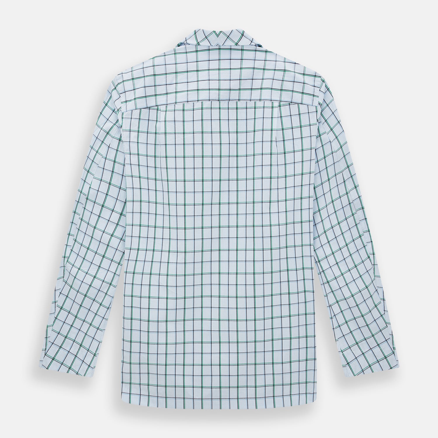View 3 of product The Turnbull & Asser Green and Blue Check Pyjama Shirt features long sleeves and a button-up design on a white base, offering elegant loungewear style. Shown laid flat against a white background.