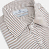 View 2 of product The Turnbull & Asser Coffee Multi Stripe Westminster Shirt features long sleeves, a button-up front, subtle beige and white stripes, a pointed Turnbull collar, and buttoned cuffs—expertly crafted in Britain and shown flat on a white background.