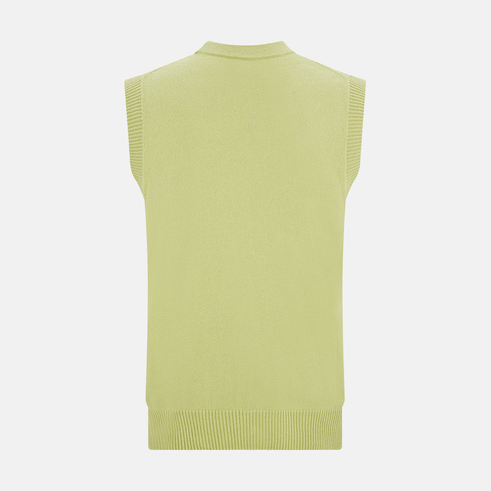 The Melon Green Sleeveless Cardigan by Turnbull & Asser features a ribbed collar, large brown buttons, and two front pockets—a stylish layering piece shown against a plain white background.