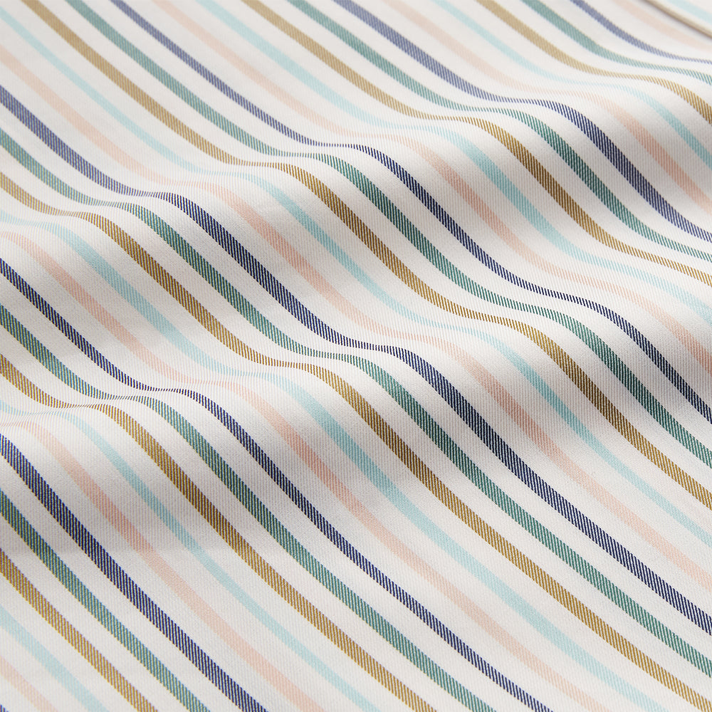 The Green Multi Stripe Regular Fit Shirt by Turnbull & Asser features a T&A collar, 3 button cuffs, and thin blue, green, yellow, and red stripes on white—adding a lively touch to any wardrobe.