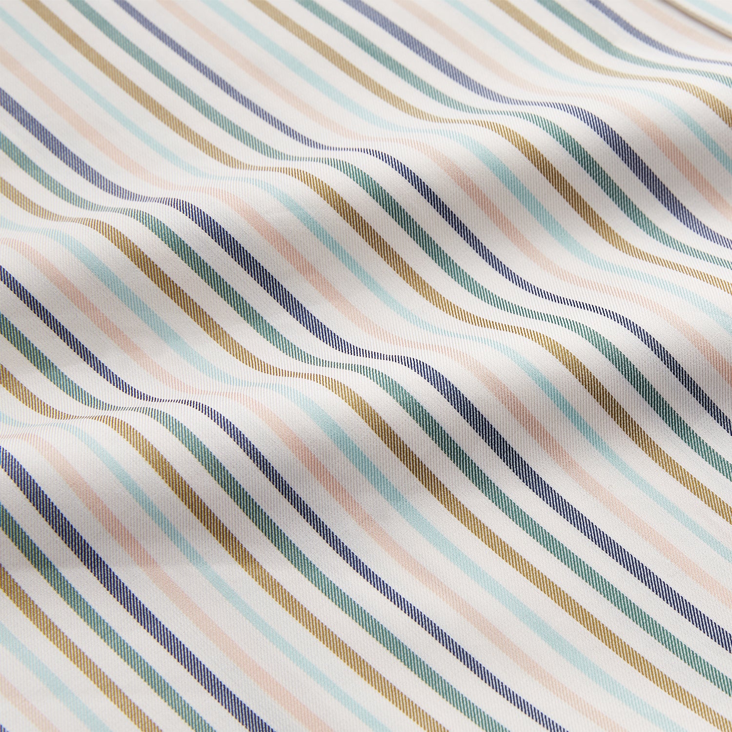 View 4 of product The Green Multi Stripe Regular Fit Shirt by Turnbull & Asser features a T&A collar, 3 button cuffs, and thin blue, green, yellow, and red stripes on white—adding a lively touch to any wardrobe.