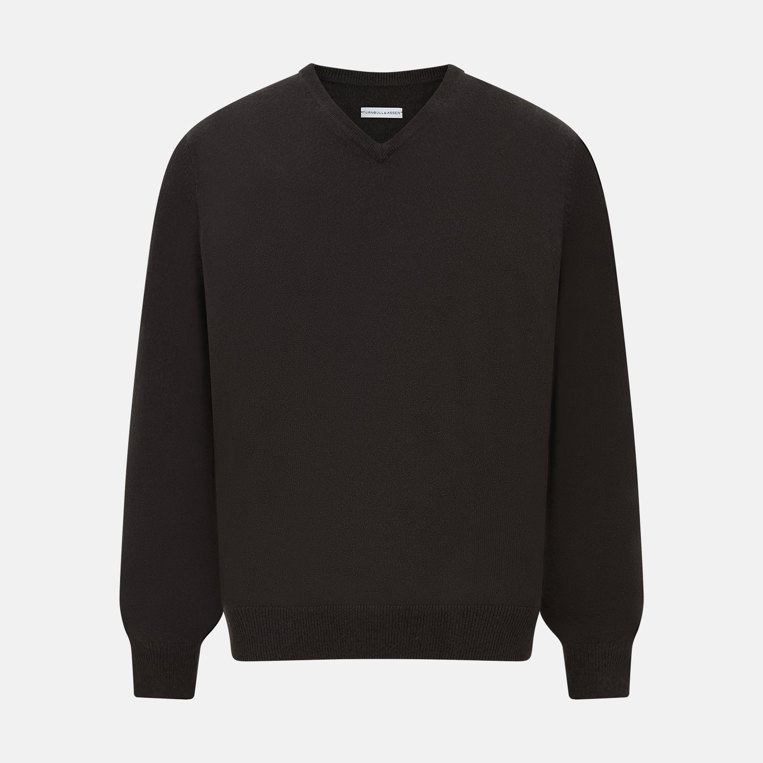 View 1 of product The Turnbull & Asser Dark Brown Cashmere V-Neck Jumper features long sleeves, ribbed cuffs, and a ribbed hem—timeless knitwear shown on a white background, perfect for elevating any wardrobe.