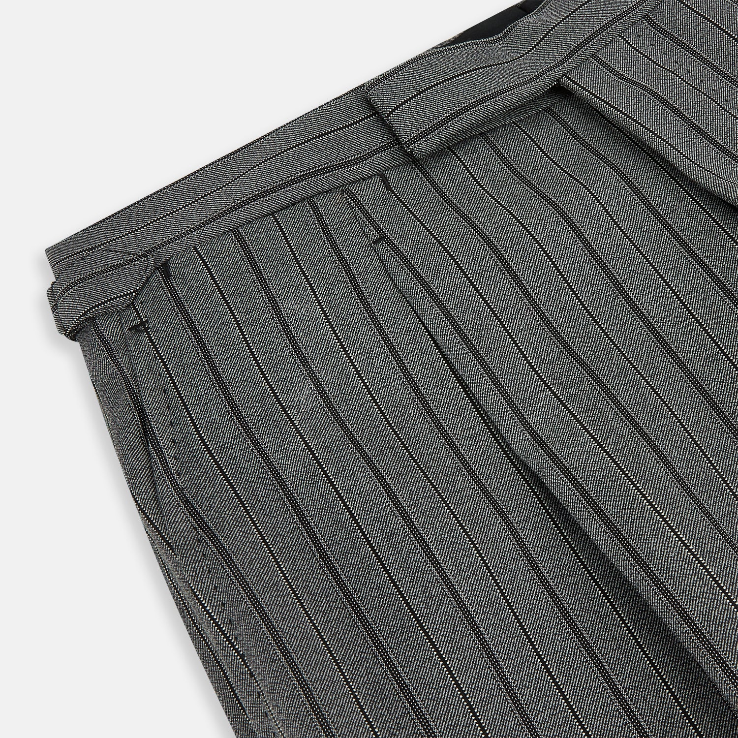 View 2 of product The Grey Multi Pinstripe Morning Dress Trousers by Turnbull & Asser feature a tailored fit, vertical black pinstripes, and a flat front design—ideal for formal wear. Shown against a plain white background.