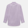 View 3 of product The Turnbull & Asser Lilac Track Stripe Mayfair Shirt is a long-sleeve Italian cotton shirt in light purple with dark lilac vertical stripes, shown laid flat on a white background.