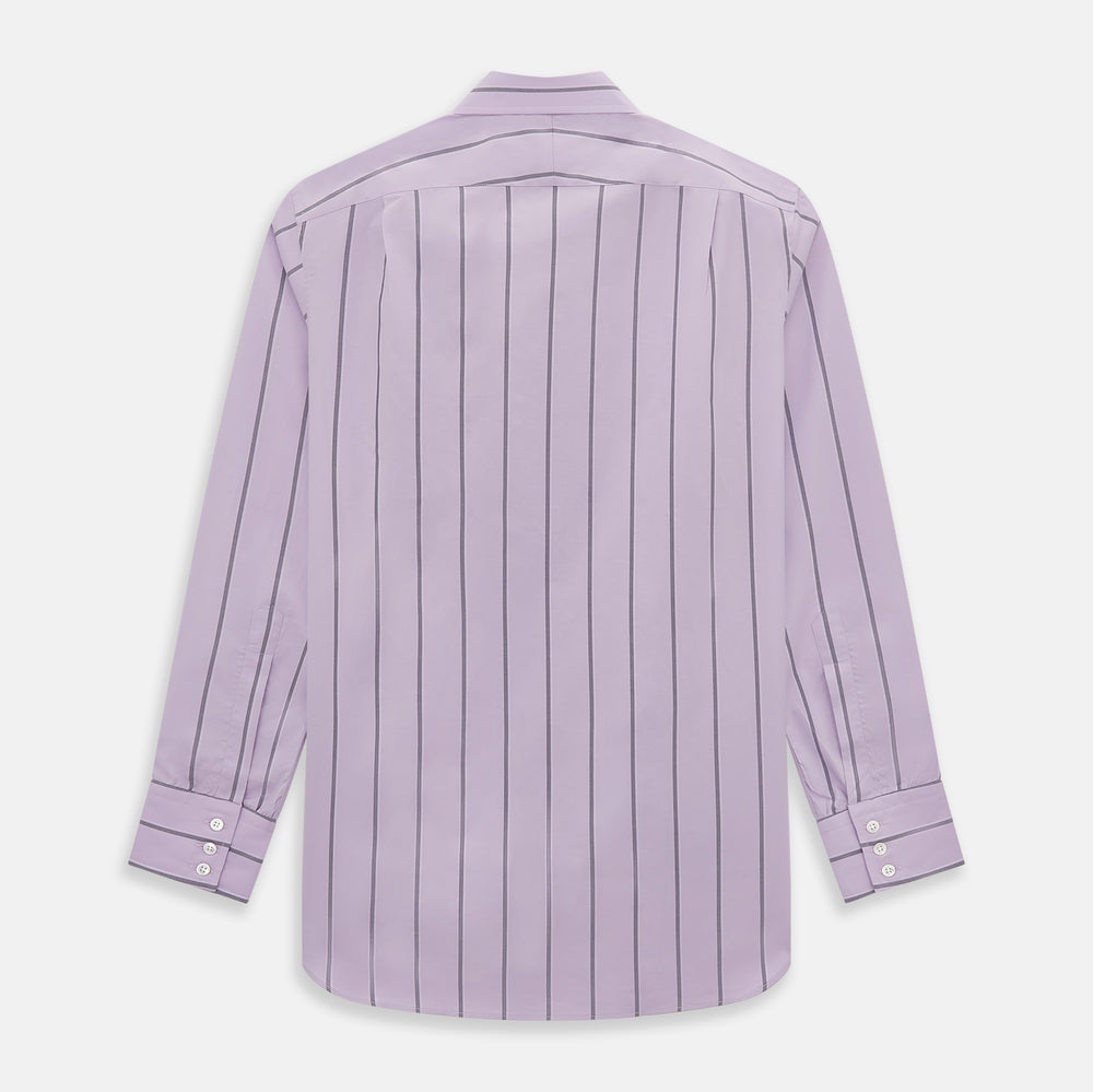The Turnbull & Asser Lilac Track Stripe Mayfair Shirt is a long-sleeve Italian cotton shirt in light purple with dark lilac vertical stripes, shown laid flat on a white background.