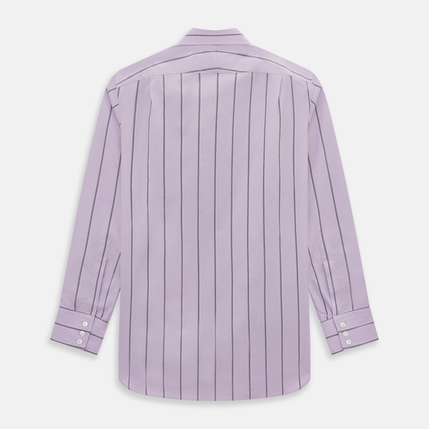 View 3 of product The Turnbull & Asser Lilac Track Stripe Mayfair Shirt is a long-sleeve Italian cotton shirt in light purple with dark lilac vertical stripes, shown laid flat on a white background.