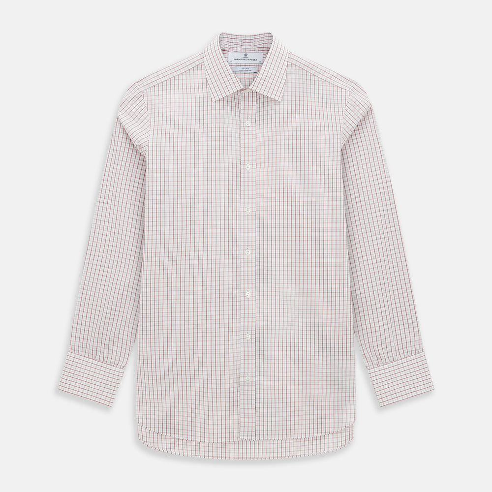 The Turnbull & Asser Red Tattersall Check Mayfair Shirt features long sleeves, a collar, and Italian cotton with a red tattersall check on white, shown flat against a white background.